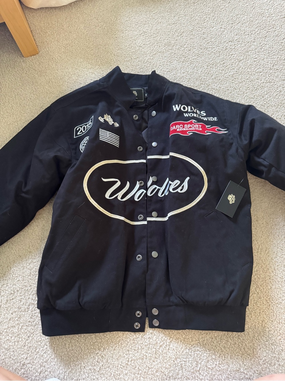 Darc Sport Black Wolves Worldwide Bomber Jacket with White Embroidery